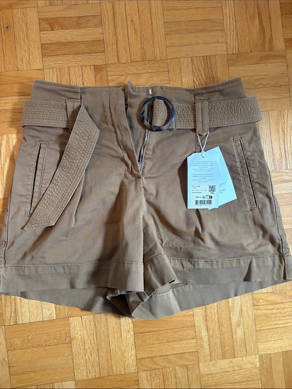 Sezane High-Rise Belted Paperbag Shorts — Brown